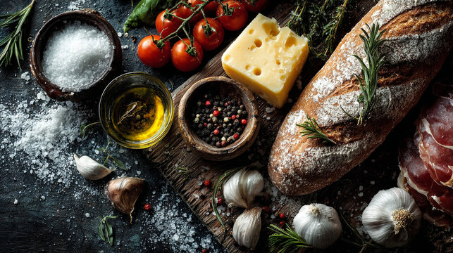 A rustic display of bread cheese tomatoes and spices on a wooden board. - Powered by Adobe