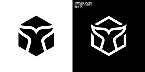 Cube whale logo. Tail, fish, hexagon, minimalist. Vector icon symbol template EPS 10.