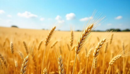 Fototapeta premium Golden wheat swaying gently in the summer breeze, a picturesque scene of a vast, ripe wheatfield under a clear blue sky Perfect for agricultural, harvest, and nature themes , nature, environment