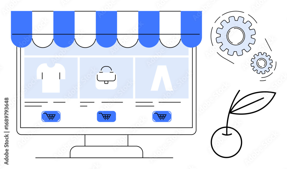 Poster computer monitor with storefront design, product tiles, shopping cart buttons, gears for process opt