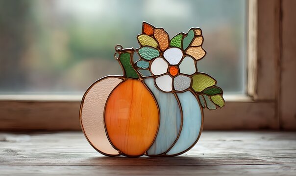 Simple stained glass pumpkin with floral accents as a handmade window suncatcher