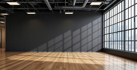 Obraz premium Modern loft-style office interior with industrial ceiling and wooden floor, large windows casting shadows on dark accent wall in daylight concept. Ai generative