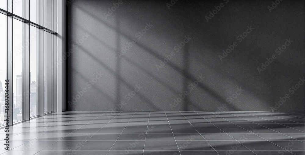 Poster modern empty interior space with large panoramic windows and city view, sunlight casting creative sh