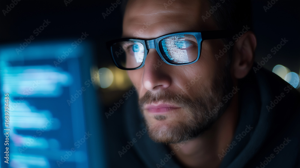 Poster serious male programmer coding at night with computer screen reflecting in his glasses.