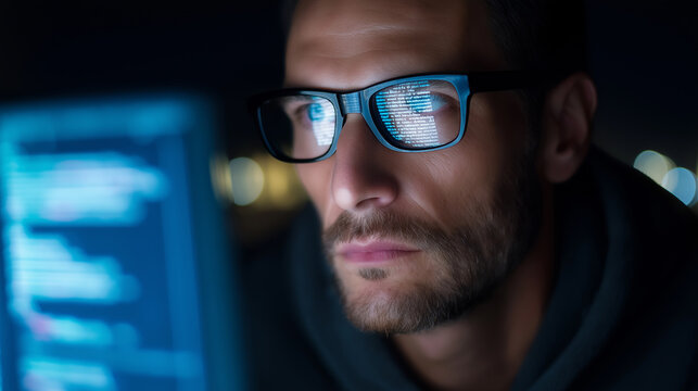 Serious male programmer coding at night with computer screen reflecting in his glasses.
