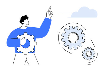 Man holding a gear while pointing, with cogs representing mechanisms and a cloud. Ideal for teamwork, innovation, development, process, technology, engineering strategy. Simple flat metaphor