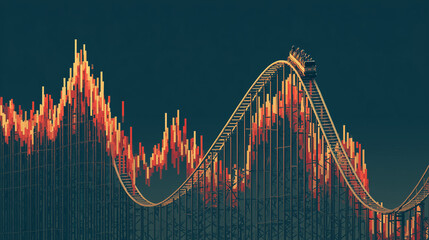 A financial stock chart as a roller coaster, symbolizing market volatility, investment risk, and uncertainty.
