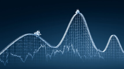 A financial stock chart as a roller coaster, symbolizing market volatility, investment risk, and uncertainty.