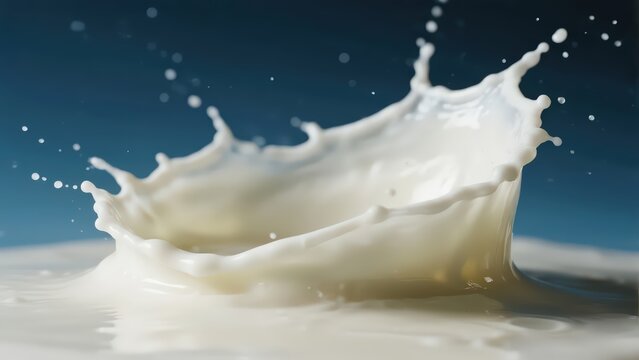 Dynamic high-speed photo of a fresh milk splash creating a perfect crown, a creamy liquid ingredient for a healthy dairy beverage on a blue background