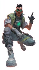 Heroic pose of futuristic pilot with flight