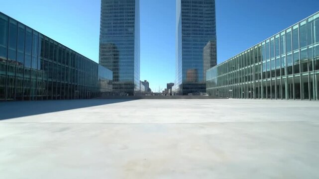 Modern Glass Skyscraper Towers With Open Concrete Plaza In Front Representing Contemporary Urban Architecture Landscape