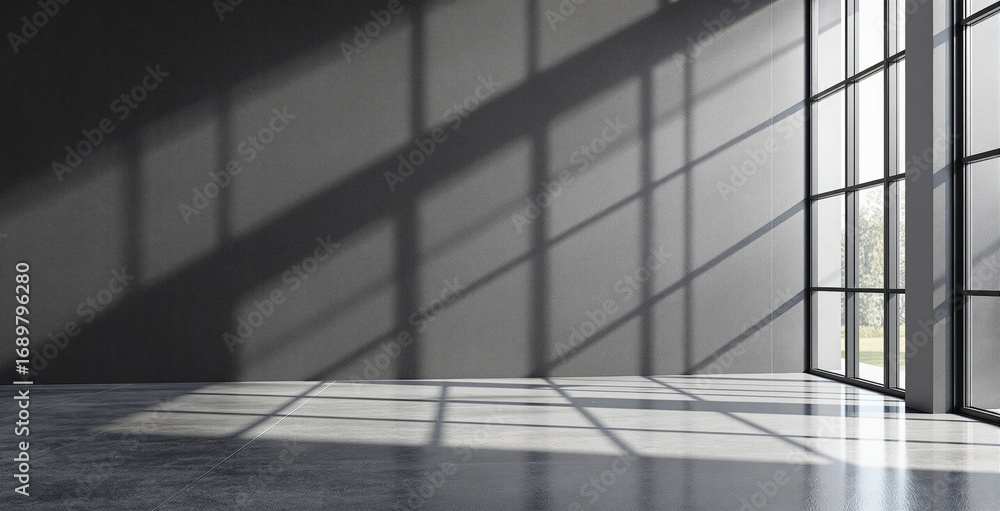 Poster minimalist interior with large windows casting geometric shadows on floor and wall in a creative lig