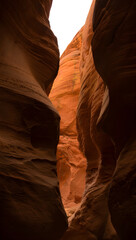 Narrow slot canyon with sculpted sandstone walls and bright sky rock formation