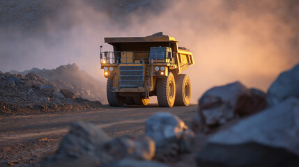 Large yellow dump truck on a misty quarry road, surrounded by rocks and low visibility.  
