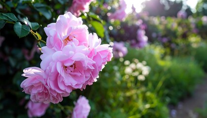 Fototapeta premium Pink roses blooming in a lush garden at sunset