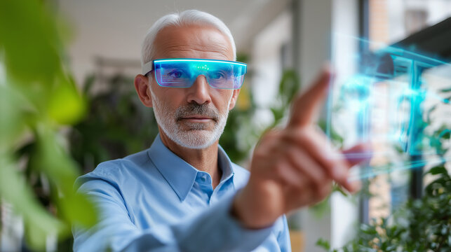 Businessman wearing augmented reality glasses interacting with a digital interface in a futuristic office.
 - Powered by Adobe