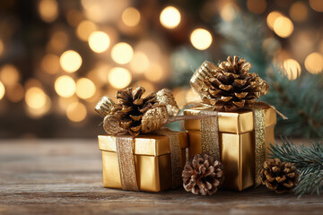 christmas golden gift boxes with ribbon and pine cones and green pine needles on wooden table against blurred lights background. Empty space on the left.