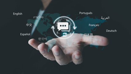 A person holds a glowing language translation icon over a world map, symbolizing global communication technology and multilingual business services.