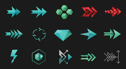 Abstract geometric arrows and diverse directional symbols in a modern flat design style, presented as a sleek collection on a dark background, perfect for creative graphic projects