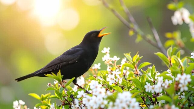 Blackbird Singing in Spring Blossom Tree
