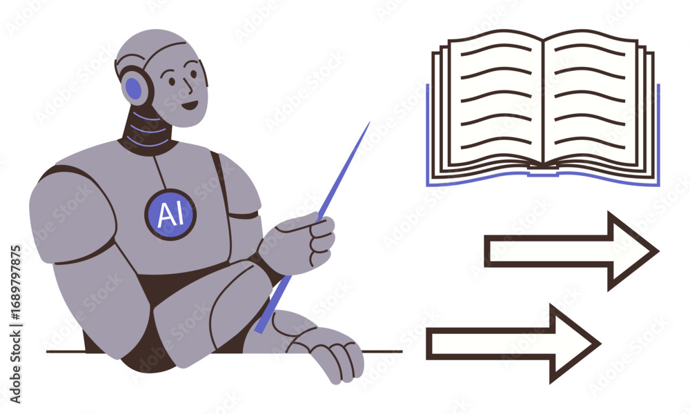 Poster ai robot pointing to an open book with a stick, accompanied by forward arrows. ideal for education, 