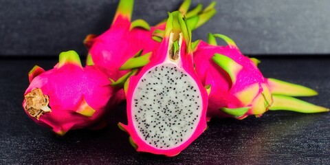 Close-up of dragon fruits, showcasing the vibrant pink exterior and the delicious white flesh inside.