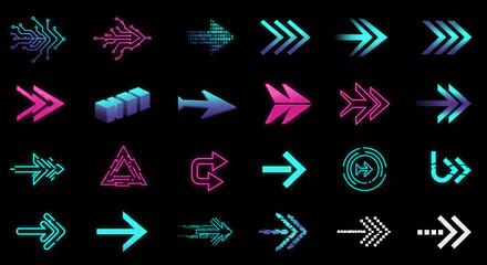 Abstract collection of glowing digital arrow symbols representing futuristic technology, direction, and progress on a dark background