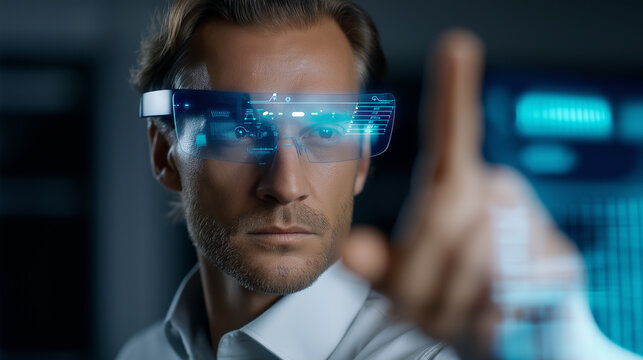 Businessman wearing augmented reality glasses interacting with a digital interface in a futuristic office.

