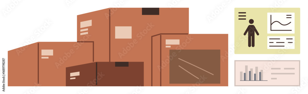Poster cardboard boxes stacked together, accompanied by analytics charts and profile data visualizations. i