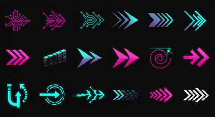 A vibrant collection of futuristic arrow icons with glowing neon gradients, symbolizing digital direction, progress, and modern technology