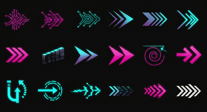 A vibrant collection of futuristic arrow icons with glowing neon gradients, symbolizing digital direction, progress, and modern technology