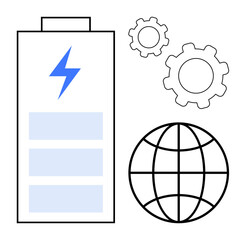 Fototapeta premium Battery with lightning icon, two gears, and a globe representing innovation, energy, and global sustainability. Ideal for technology, renewable energy, engineering, eco-innovation green power