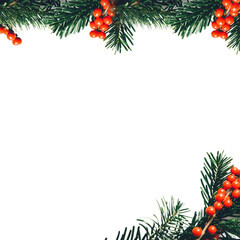 A festive Christmas frame of evergreen branches with red berries on a black background.