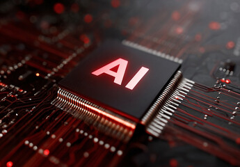 Artificial intelligence chip, glowing text on a complex motherboard circuit