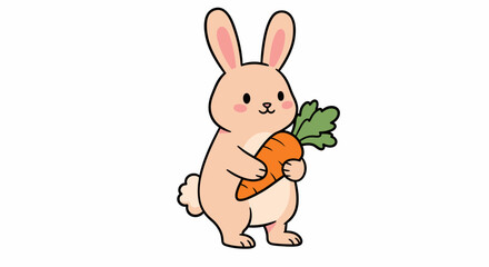 Fototapeta premium Cartoon illustration of a cute bunny holding a carrot with both paws, standing upright on a white background.