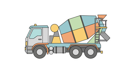 Illustration of a colorful cement truck on a white background.