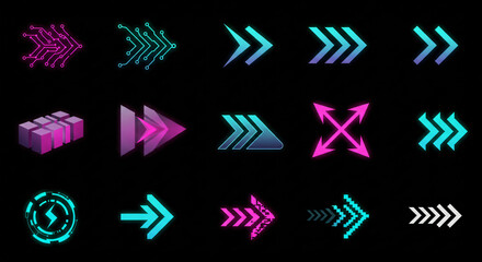 Futuristic neon arrow collection featuring vibrant gradient pointers and digital circuit symbols for modern UI and HUD design elements