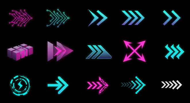 Futuristic neon arrow collection featuring vibrant gradient pointers and digital circuit symbols for modern UI and HUD design elements