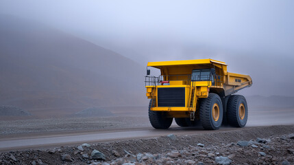 Large yellow dump truck on a misty quarry road, surrounded by rocks and low visibility.  
