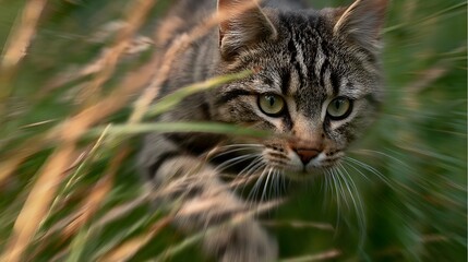 Naklejka premium Fast running cat through tall grass