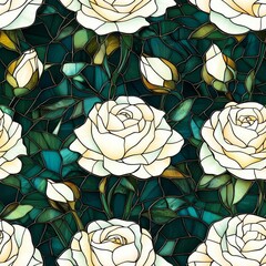Stained glass pattern of white roses