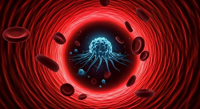 Luminous Blue Cancer Cell Contrasts with Red Blood Cells in an Arterial Vortex.