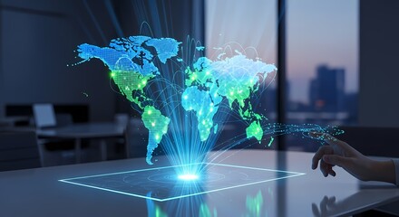 Futuristic holographic world map on digital table.