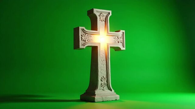 Sacred stone cross radiates divine light against vibrant green backdrop symbolizing faith and spiritual awakening