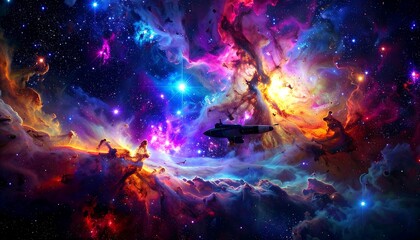 Vibrant space nebula with a spacecraft