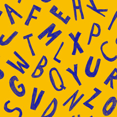 Patrón sin costuras de abecedario dibujado a mano con letras azules. Estampa de letras para superficie. Fondo de abecedario estilo garabato.