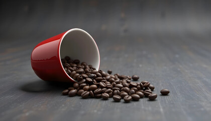 Dark roasted coffee beans spilling out of a vibrant red cup on a dark, textured background, perfect for a caffeine, coffee, or food concept.