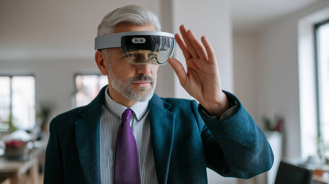 Mature man in a suit wearing augmented reality glasses in a bright modern office.  
 - Powered by Adobe