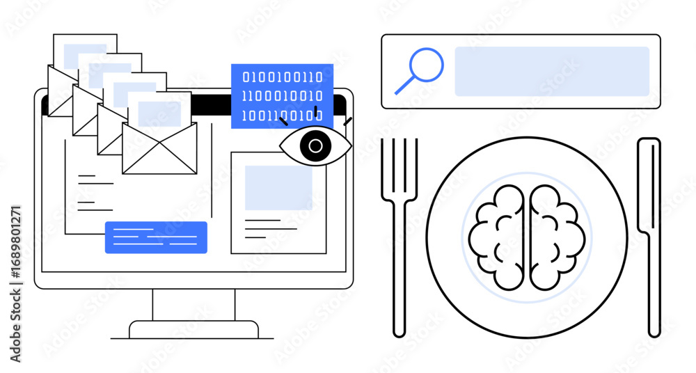 Poster open emails on computer monitor, binary code, magnifying glass, fork, knife, and brain plate. ideal 