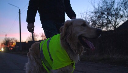Man walking dog at dusk